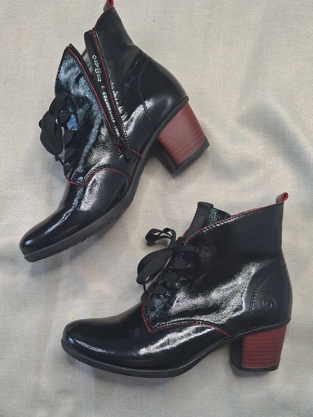 Remonte Black Patent Lace-Up Ankle Boots with Red Block Heel